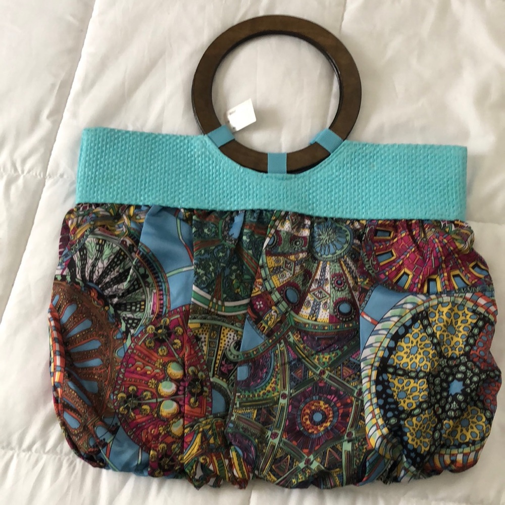 Bijoux Terner Boho Wood handle Turquoise Floral Satchel Tote handbag purse